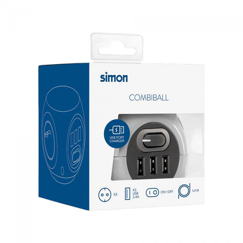 Base múltiple Combiball 3 enchufes 16A y 3 puertos USB 2,4A Simon