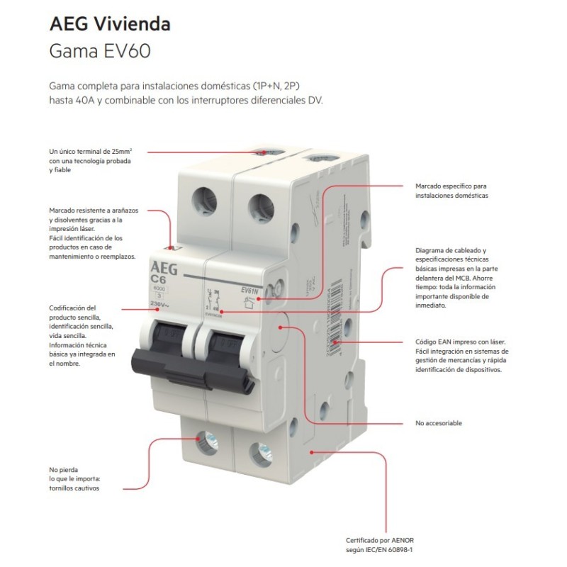 Automático vivienda 32A AEG 1P+N curva C EV61NC32
